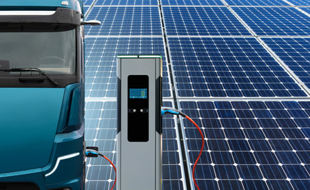 Electric truck with charging station on a background of solar panels. Concept