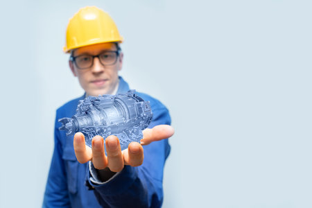 Development engineer holds in his hands a model of an electric transmission created in augmented reality.の写真素材