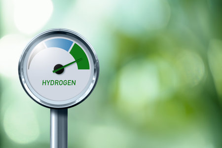 Hydrogen gauge with tree colors - gray, blue and green. Green hydrogen production conceptの写真素材