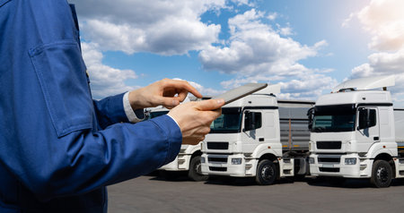 Manager with a digital tablet next to trucks. Fleet management