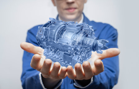 Development engineer holds in his hands a model of an electric transmissionの写真素材