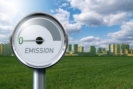 Gauge with inscription EMISSION. Arrow points to zero. Concept of green energy.の写真素材