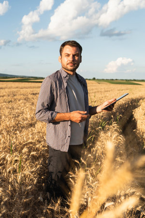 Farmer with digital tablet on an agricultural field. Smart farming and digital agriculture