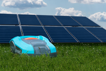 Lawnmower robot mows grass between solar panelsの写真素材