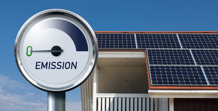 Gauge with inscription EMISSION. Arrow points to zero. Concept of green energy.の写真素材