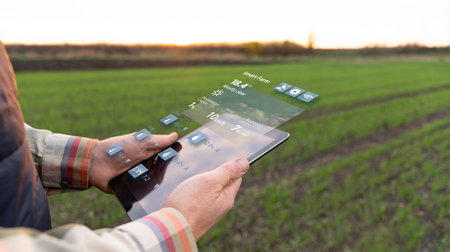 Farmer with digital tablet on an agricultural field. Smart farming and digital agricultureの写真素材