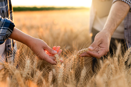 Farmers touches the ears of wheat on an agricultural field