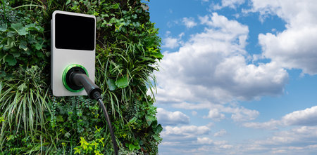 Electric car charging station on a green wall from plantsの写真素材
