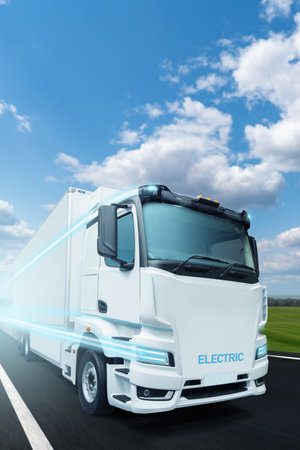 Concept of white electric truck on a road. High quality photoの写真素材