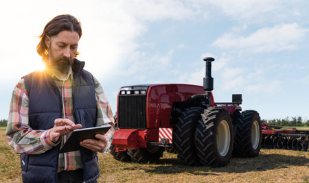 Farmer with digital tablet controls an autonomous tractor on a smart farm. High quality photoの写真素材