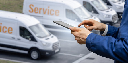 Manager with a digital tablet on the background of vans. Fleet management.