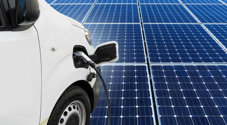 Electric van with charging station on a background of solar panel. High quality photoの写真素材