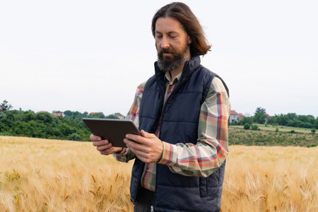 Farmer examines the field of cereals and sends data to the cloud from the tablet. Smart farming and digital agriculture. High quality photoの写真素材