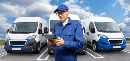 Manager with a digital tablet on the background of vans. Fleet management.の写真素材