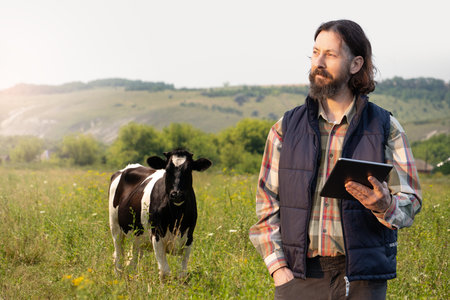 Farmer with tablet computer inspects cows in the pasture. Herd management concept. High quality photoの写真素材