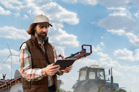 Farmer controls sprayer with a tablet. Wind turbines on a horizon. Smart farming and precision agriculture.. High quality photoの写真素材