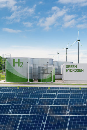 Green hydrogen factory concept. Hydrogen production from renewable energy sources. High quality photoの写真素材