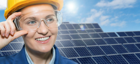 Portrait of a woman engineer in helmet and protective glasses on a background of solar energy power...