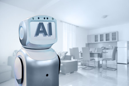 Robot with AI symbol on a background of apartment. Artificial intelligence concept. High quality photoの写真素材