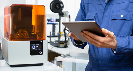 Engineer using digital tablet to program 3d printer. High quality photoの写真素材