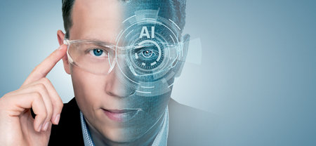 Portrait of a man with glasses. Half face in cyberspace. Artificial intelligence concept. High quality photoの写真素材