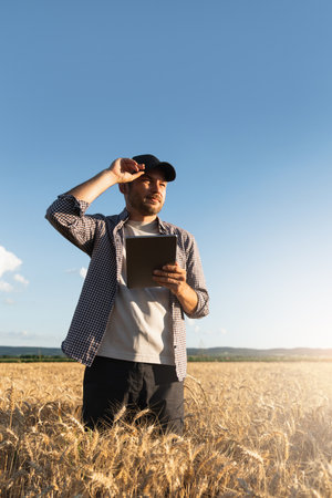 Farmer examines the field of cereals and sends data to the cloud from the tablet. Smart farming and digital agriculture.の写真素材