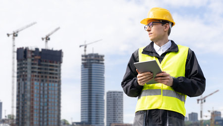 Engineer with a digital tablet on the background of a building under construction. High quality photoの写真素材
