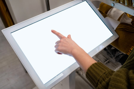 Woman touching the screen of self service device in the store. High quality photo