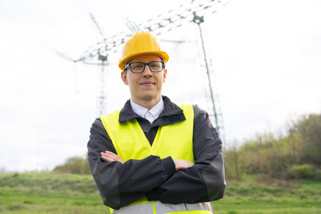Engineer on a background of power line tower. High quality photoの写真素材