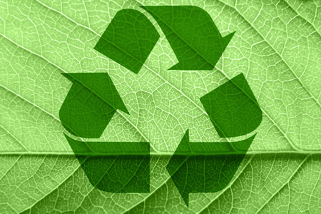 Recycling symbol on a green leaf. High quality photo