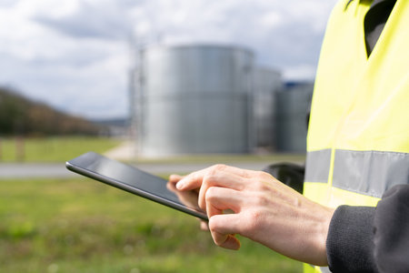 Engineer with digital tablet on a background of gas tanks. High quality photoの写真素材