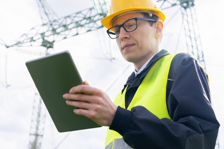 Engineer with digital tablet on a background of power line tower. High quality photo