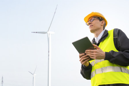 Engineer with tablet computer on a background of wind turbines. High quality photoの写真素材