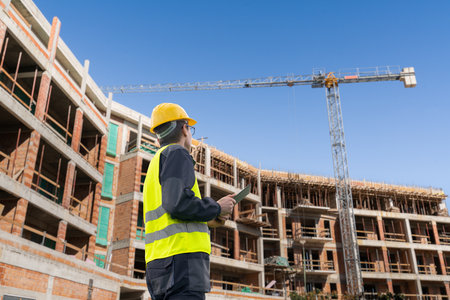 Engineer with a digital tablet on the background of a building under construction. High quality...