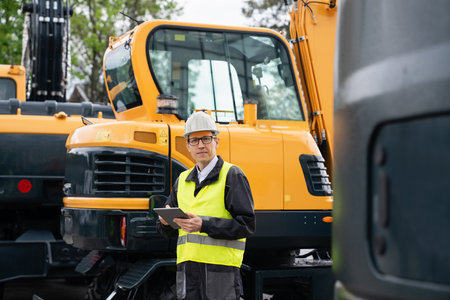 Engineer in a helmet with a digital tablet stands next to construction excavators. High quality photoの写真素材
