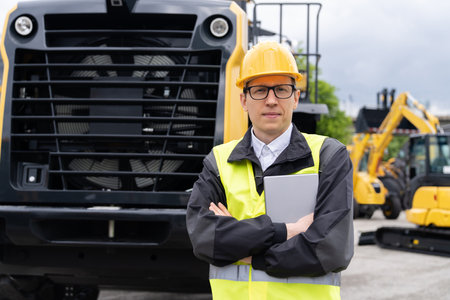 Worker in a helmet with a digital tablet on the background of construction machine. High quality...