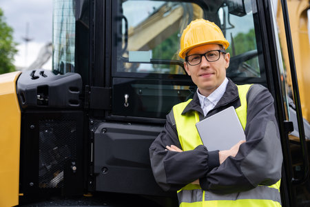 Worker in a helmet with a digital tablet on the background of construction machine. High quality...