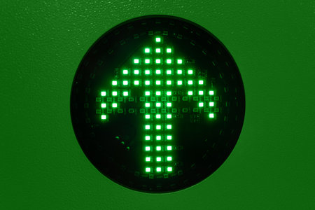 Green arrow from led lights. Concept of decarbonization and sustainable development. High quality photoの写真素材