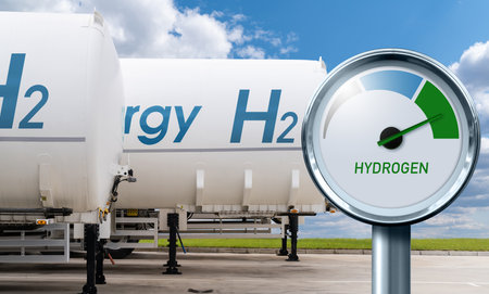 Hydrogen gauge with tree colors - gray, blue and green on a background of hydrogen tank trailers. Green fuel conceptの写真素材