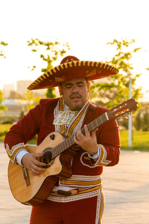 Musician plays the guitar on a city streetの写真素材