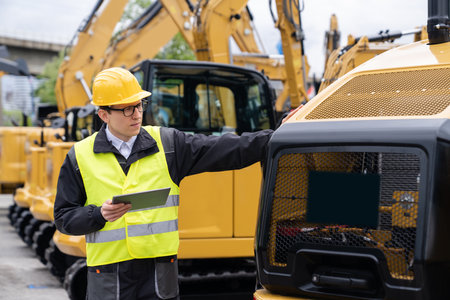 Engineer in a helmet with a digital tablet stands next to construction excavators