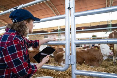 Woman farmer with tablet at a dairy farm. Herd managementの写真素材