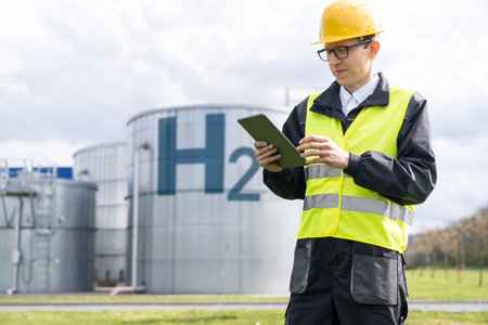 Engineer with tablet computer on a background of Hydrogen factory. High quality photoの写真素材