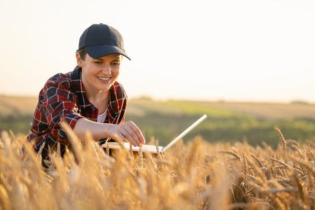 Woman farmer working with laptop on wheat field. Smart farming and digital agricultureの写真素材
