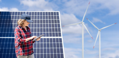 Woman with tablet computer on a background of wind turbines and solar panels.