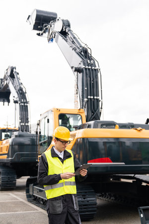 Engineer in a helmet with a digital tablet stands next to construction excavators..