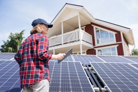 Woman with digital tablet on a background of solar power station and house.の写真素材