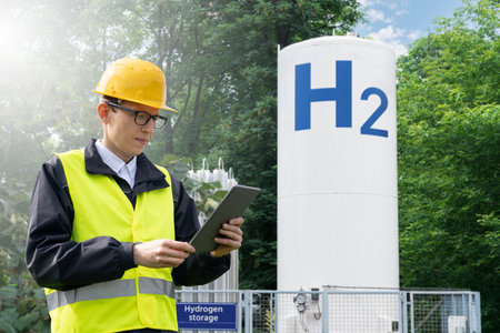 Hydrogen storage tank in a forest. Green energy conceptの写真素材