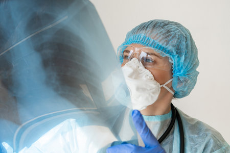 Woman doctor looking at x-ray of lungs.の写真素材