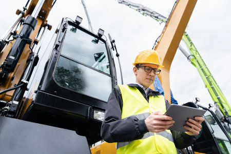 Engineer in a helmet with a digital tablet stands next to construction excavators..